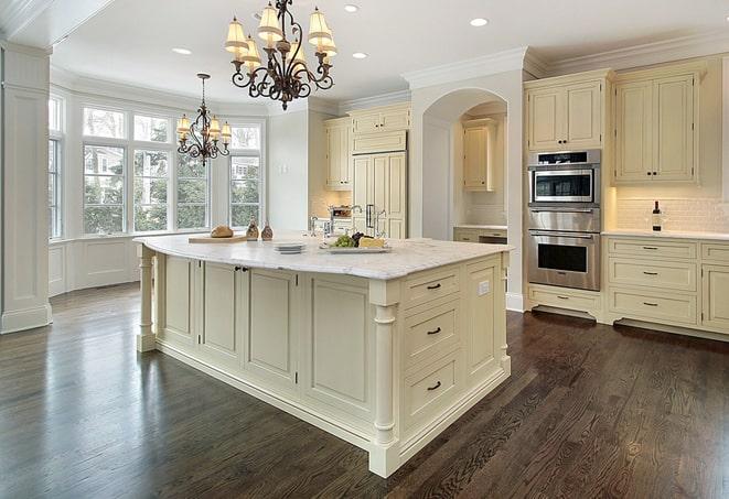 hardwood-look laminate floors in a newly renovated kitchen in Mayfield Heights OH